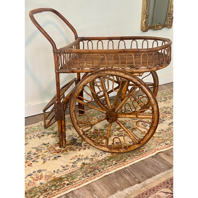 French Riviera Rattan Bar Cart Audoux & Minet 1950s For Sale In Naples, FL - Image 6 of 11