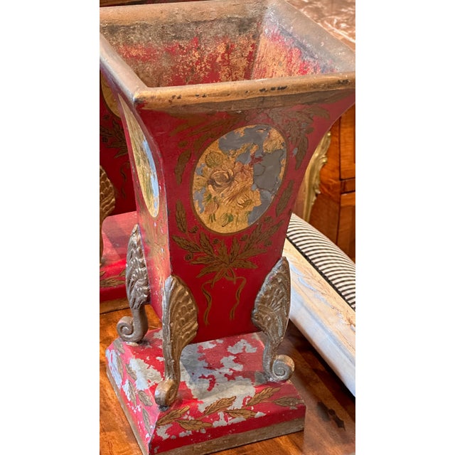 Red Pair of French 19th Century Tole Urns For Sale - Image 8 of 9