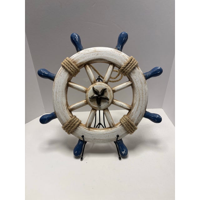 Textile Nautical Ship Wheel Wall Decor With Starfish, Coastal Beach House Hanging, Blue White Maritime Decor For Sale - Image 7 of 9