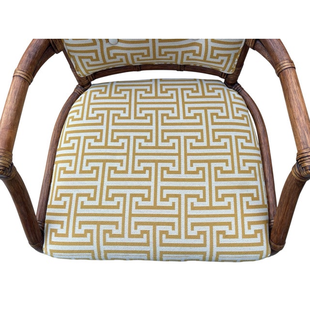 Palecek Pavilion Rattan Arm Chair Set, a Pair, Custom Greek Key Upholstery For Sale In Naples, FL - Image 6 of 12