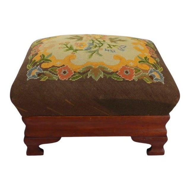Brown American Empire Mahogany & Needlepoint Ottoman C1860 For Sale - Image 8 of 11