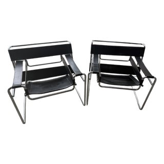 Pair of Vintage Italian Black Leather & Chrome Wassily-Style Lounge Chairs For Sale