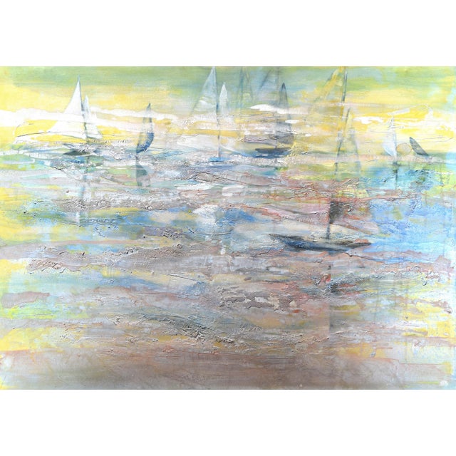 Vintage expressionist seascape abstract with sailboats. Oil painting on canvas, presented in a minimalist gold wood frame....