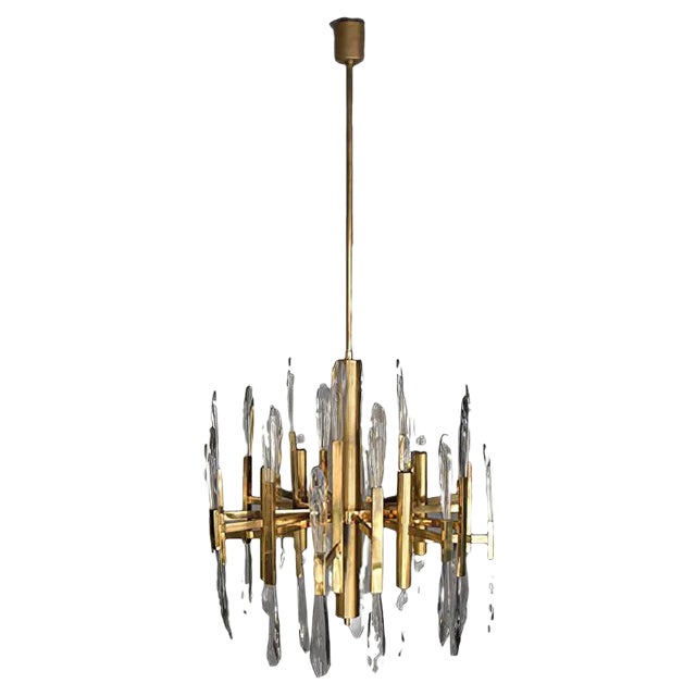 Italian Brass & Glass Icicles Chandelier by Gaetano Sciolari, 1970s For Sale