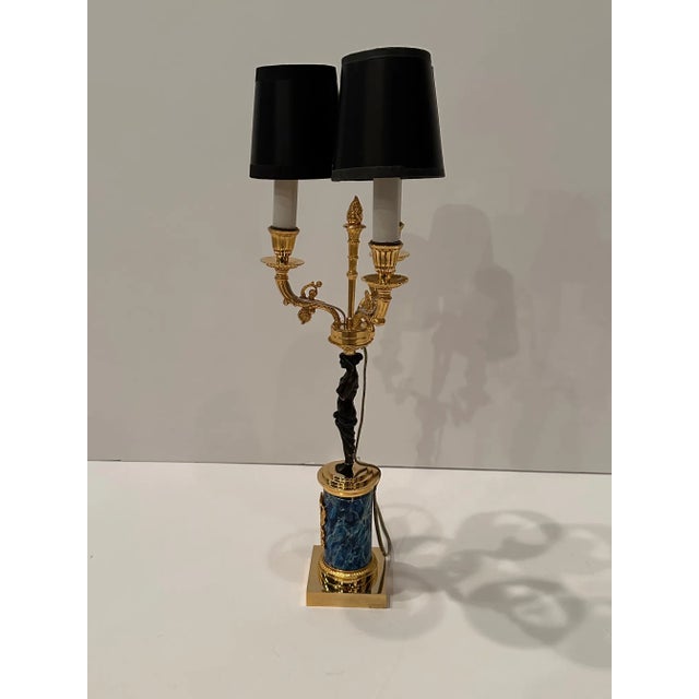 Traditional Empire Style Gilt & Patinated Bronze Figural Table Lamp For Sale - Image 3 of 12