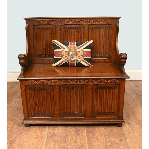 Gold Jacobean Revival Oak Monk's Settle Bench, 1910s For Sale - Image 8 of 8