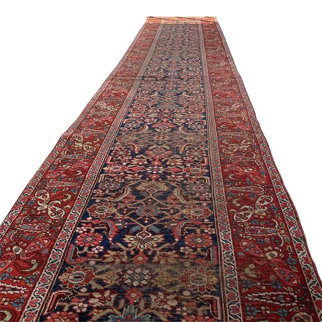 Antique Halvai Bidjar Runner Boteh Border with Lime Greens Rug 3.6 x 17.7 For Sale