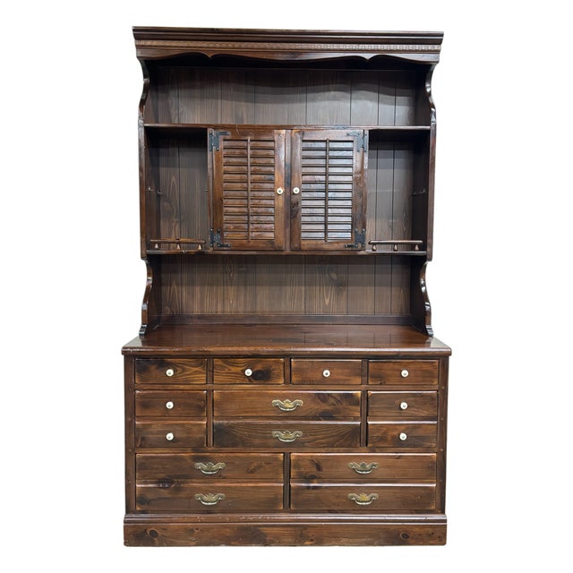 Vintage Ethan Allen Antiqued Pine Old Tavern CRP Dresser With Bookcase Hutch For Sale