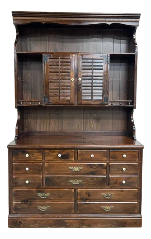 Vintage Ethan Allen Antiqued Pine Old Tavern CRP Dresser With Bookcase Hutch