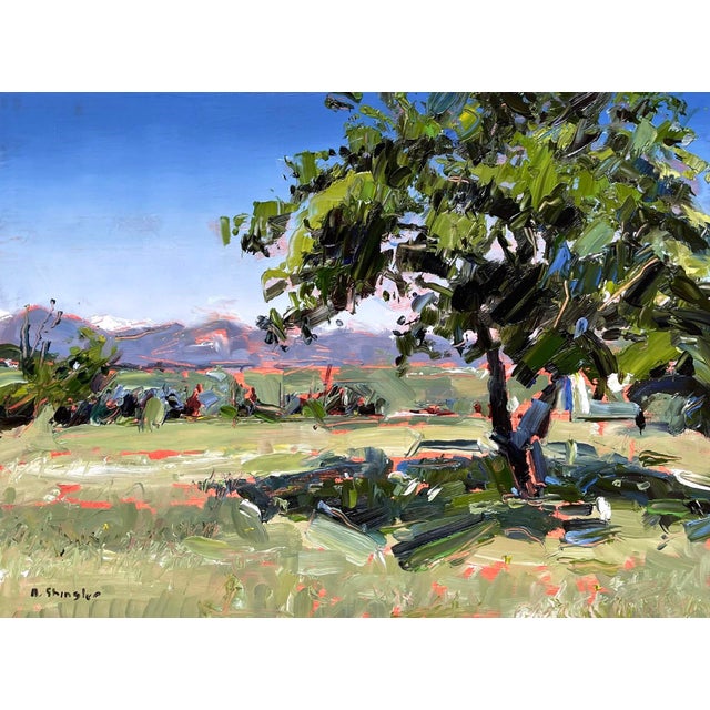 Tree, Bow Mar, CO by David Shingler | Oil on wood Painting of a tree in a landscape setting For Sale