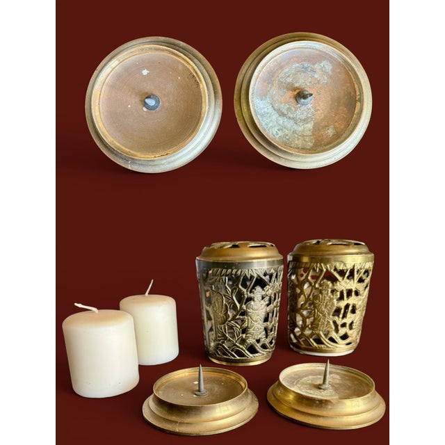 Late 20th Century Vintage Brass Chinese Immortal Lanterns Pair-Candle-Incense Holders-Asian-Boho For Sale - Image 5 of 11