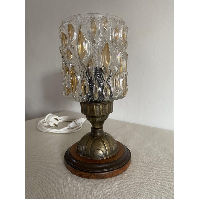 Amber Pressed Glass Table Lamp with Wooden Base, 1970s For Sale - Image 4 of 13