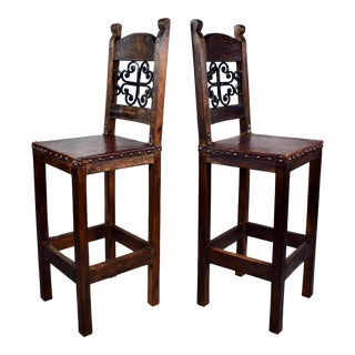 Spanish Style Forged Iron & Leather Barstools For Sale