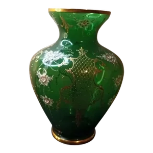 1970s Hand Painted Bohemian Glass Czech Republic Green Squat Vase