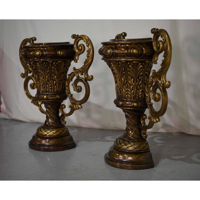 Mid 20th Century Vintage Contemporary Classical Urn Amphora Decorative Bronze Effect Planters - a Pair For Sale - Image 5 of 13