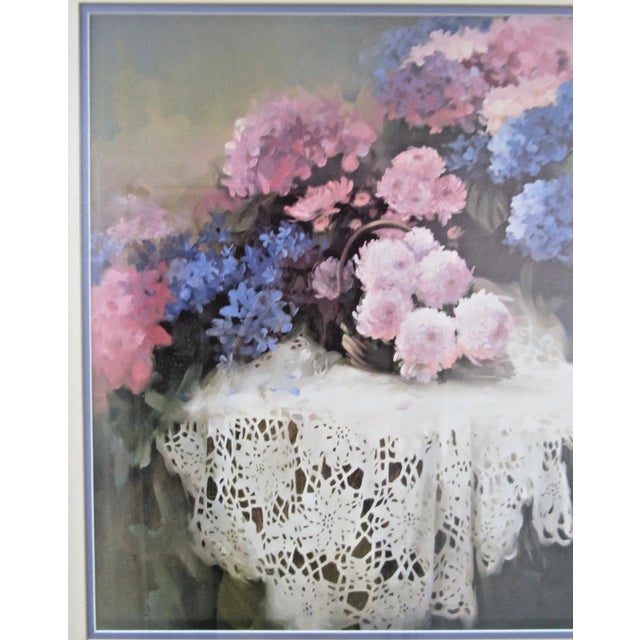 1990s Joyce Birkenstock Hydrangea on Table With Lace Painting Print Matted and Framed For Sale - Image 4 of 6