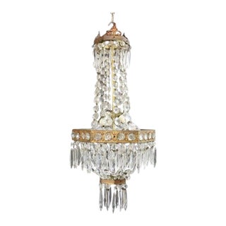 Vintage Italian Brass & Cut Crystal 3-Light Chandelier C1950 For Sale
