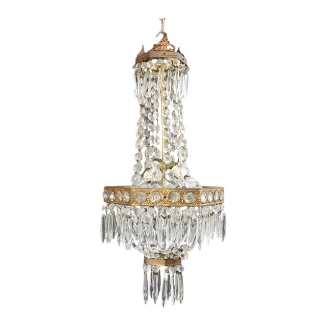 Vintage Italian Brass & Cut Crystal 3-Light Chandelier C1950 For Sale