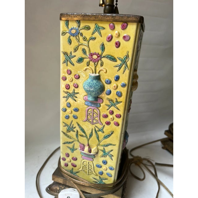 Pair Early 20th Century Chinese Yellow Enameled Porcelain Vases Mounted as Lamps, Brass Mounts For Sale - Image 12 of 13