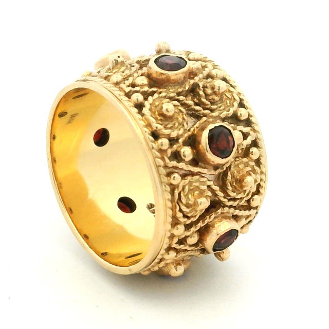 1970s Vintage 1970s Etruscan Revival 14k Gold Ruby Wide Band Ring, Size 7.5 For Sale - Image 5 of 10