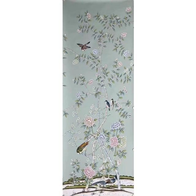 Sage Green Chinoiserie Mural | 3-Panel Hand-Painted Floral & Bird Wallpaper For Sale - Image 4 of 4