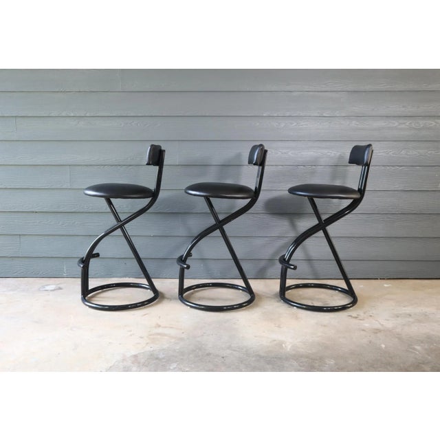 Cal-Style Vintage Post Modern Set of 3 Bar Stools by Cal-Style Black Italian Memphis Milano Style Tubular Retro 80's 90's For Sale - Image 4 of 10