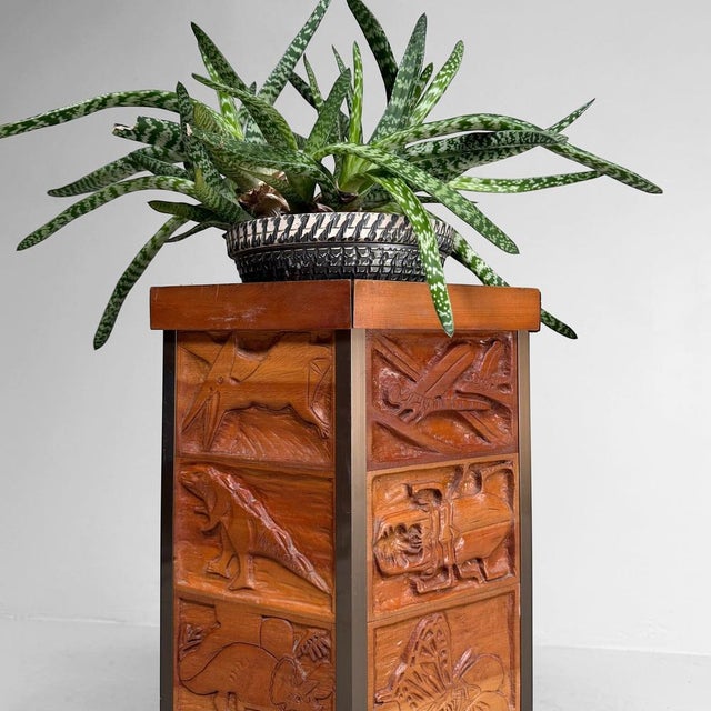 A striking Japanese kadai, a tall wooden plant stand or decorative pedestal, made as sotsugyō seisaku: a graduation...