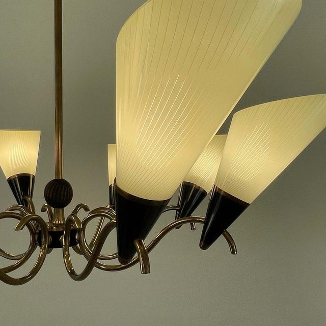 Scandinavian Opaline Glass and Brass Chandelier, 1950s For Sale - Image 11 of 17