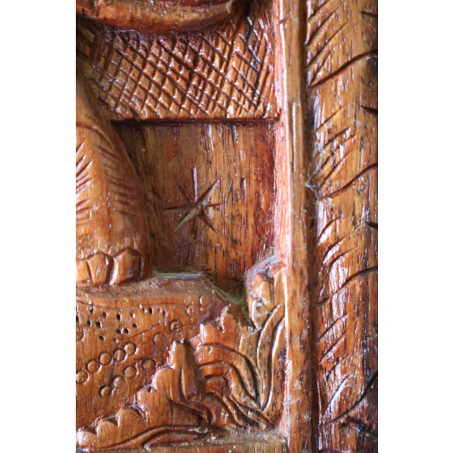Vintage Southeast Asian Carved Teak Elephant & Temple Relief on Silk For Sale - Image 11 of 16