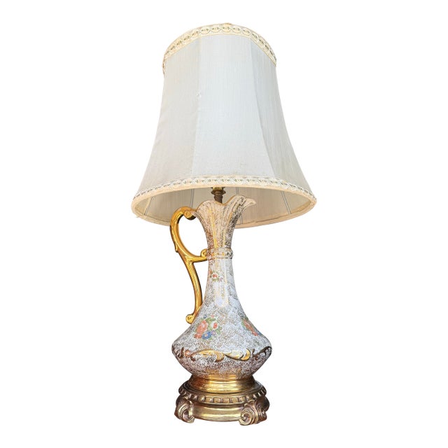 Vintage Hollywood Regency Gilt Floral Porcelain Pitcher Lamp, 1940s–50s For Sale