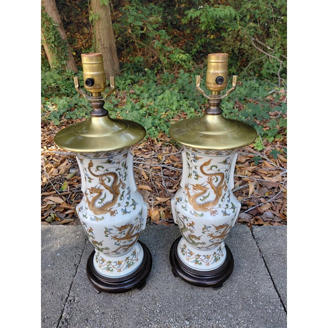 Mid 20th Century Vintage Asian Porcelain Dragon Table Lamps - a Pair For Sale - Image 5 of 5