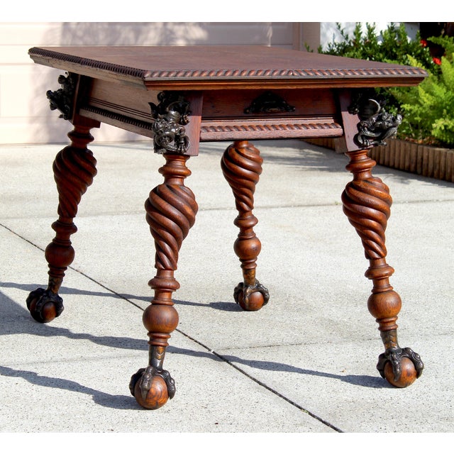Antique Renaissance Revival Carved Oak Writing Table / Desk With Bronze Dragons & Clawed Feet For Sale In Naples, FL - Image 6 of 18