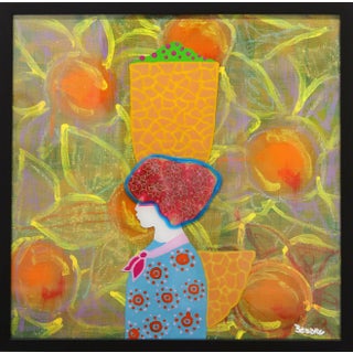 Donna Con Capo Fiorito - Framed Original Artwork by Beddru, Figurative Colorful Textured Portrait For Sale