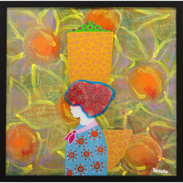 Donna Con Capo Fiorito - Framed Original Artwork by Beddru, Figurative Colorful Textured Portrait For Sale