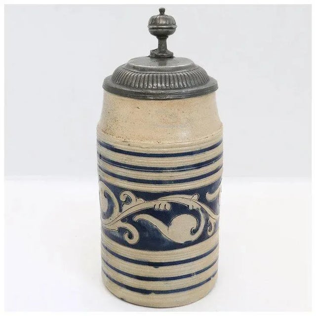 German Westerwald Pewter Mounted Stoneware Pottery Tankard For Sale - Image 4 of 11