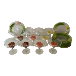 Vintage Hand Painted Floral Glass Shrimp Cocktail Cups & Plates Set- 22 Pieces