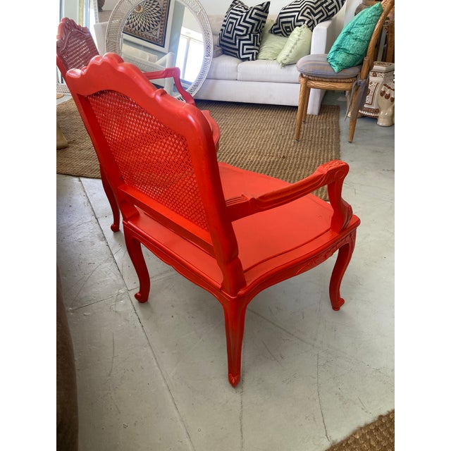 Red 18th Century Louis XV Fauteuils in Hollywood Regency Coral- A Pair For Sale - Image 8 of 14
