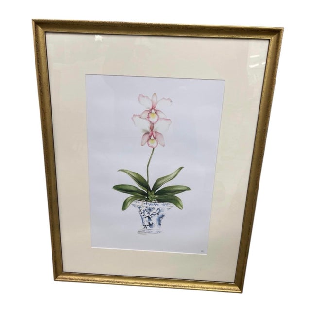Chinoiserie Vintage Framed Botanical Pink Orchid Print in Chinoiserie Cachepot For Sale - Image 3 of 12