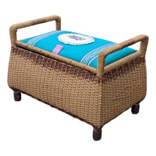 Vintage English Bombay-Shaped Woven Rattan Bench With Underseat Storage For Sale