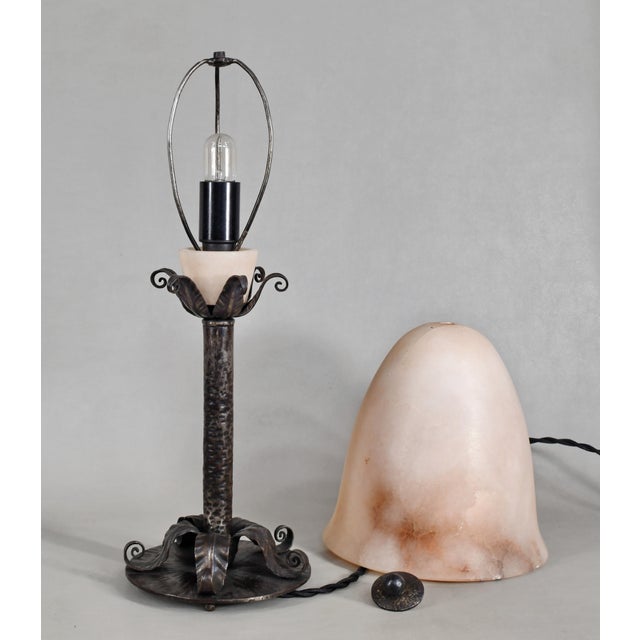 1920s Edgar Brandt French Art Deco Lamp - Wrought Iron & Alabaster For Sale - Image 10 of 18