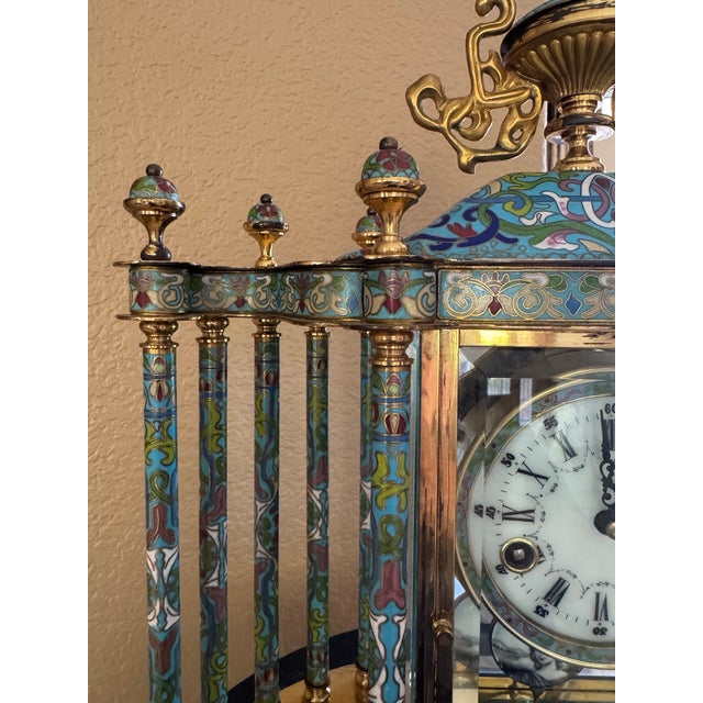 The School of Paris Stunning Vintage Cloisonné Champleve’ Enamel Colonnade Mantel Clock For Sale - Image 3 of 12
