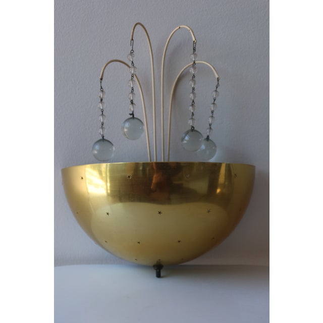 Mid-Century Modern 1940s Pair of Mid-Century Brass Sconces With Pierced Star Shades and Crystal Drops in the Manner of Paavo Tynell For Sale - Image 3 of 5