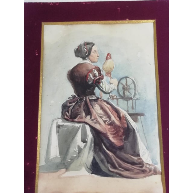 Blue Woman Working at the Spinning Wheel, 1800s, Watercolour For Sale - Image 8 of 14