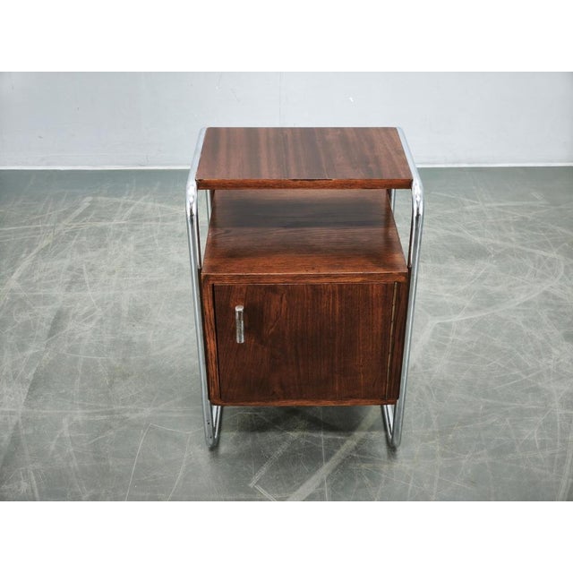 Bauhaus Tubular Chrome and Oak Nightstand, Former Czechoslovakia, 1940s For Sale - Image 13 of 14