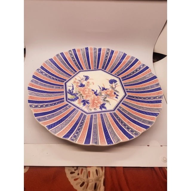 Vintage Sun/Toyo Ceramic Pink Blue Floral Stripe Asian Chinoiserie DecorativePlate For Sale In Washington DC - Image 6 of 6