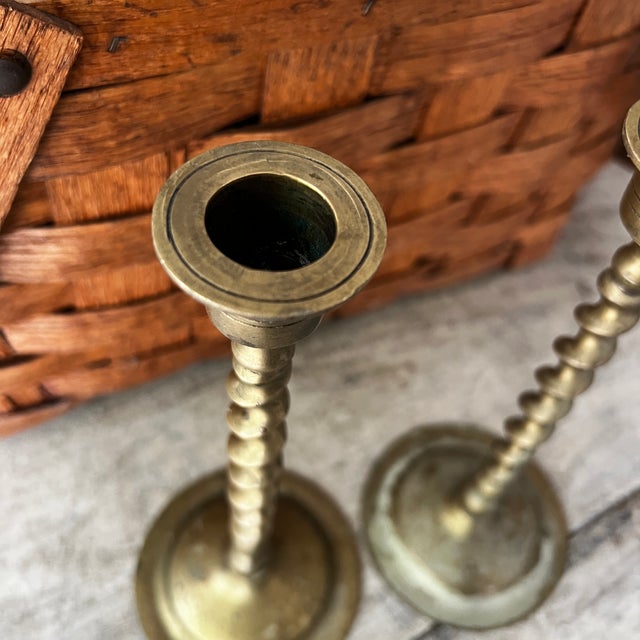 Pair of Vintage Brass Tapered Candlestick Holders Twisted Stem Design For Sale In Kansas City - Image 6 of 9