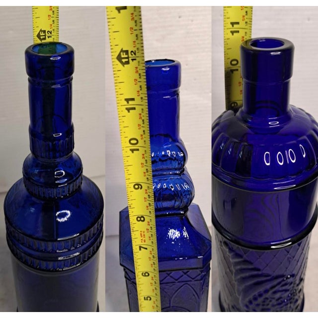 Vintage Cobalt Blue Glass Bottle Vase Lot of 3 Decorative Embossed Glass 12" For Sale - Image 10 of 11