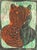 An abstract relief print of a bird. This print features a stylized bird, half green, half orange, sitting in front of a...