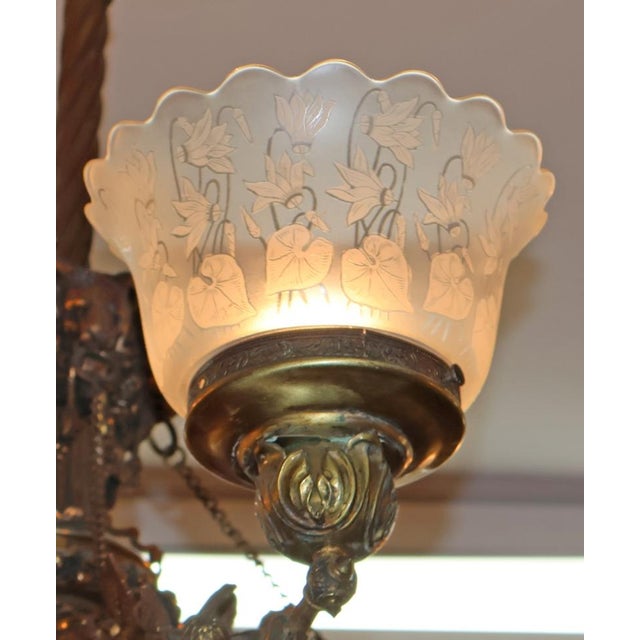 Bronze 19th Century Bronze 4 Light Etched Glass Shade Gas Chandelier Gasolier For Sale - Image 8 of 18