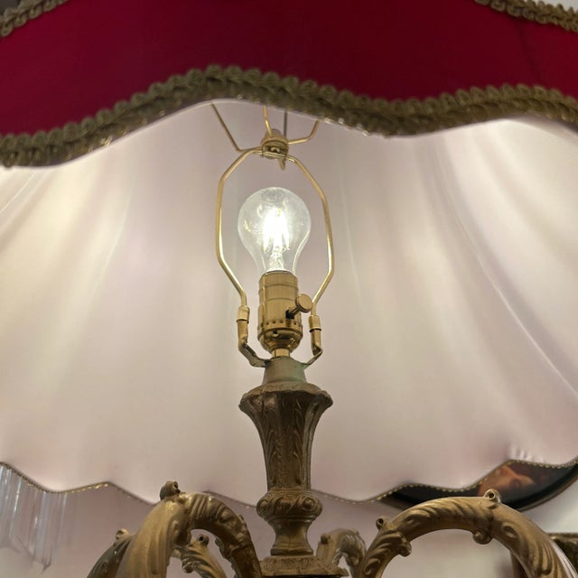 1960s Brass Finish Metal and Crystal Lamps With Original Red Silk Shades a Pair For Sale - Image 9 of 12